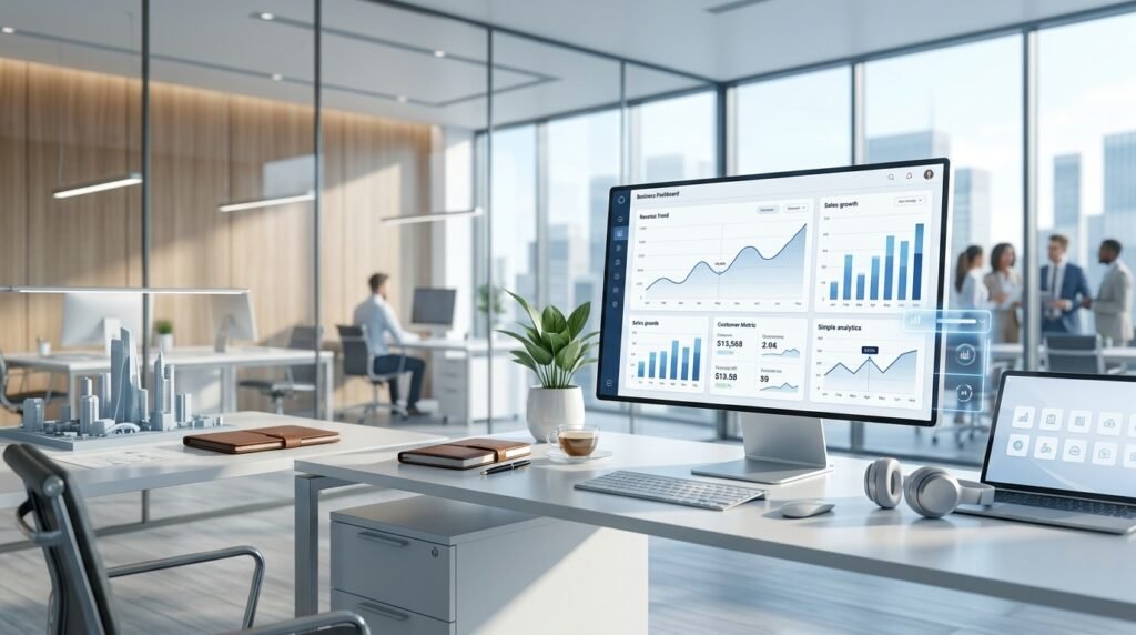 Modern office with business analytics dashboard