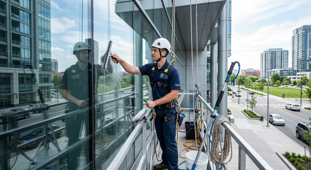 Shine Window Cleaning professional technician cleaning commercial windows
